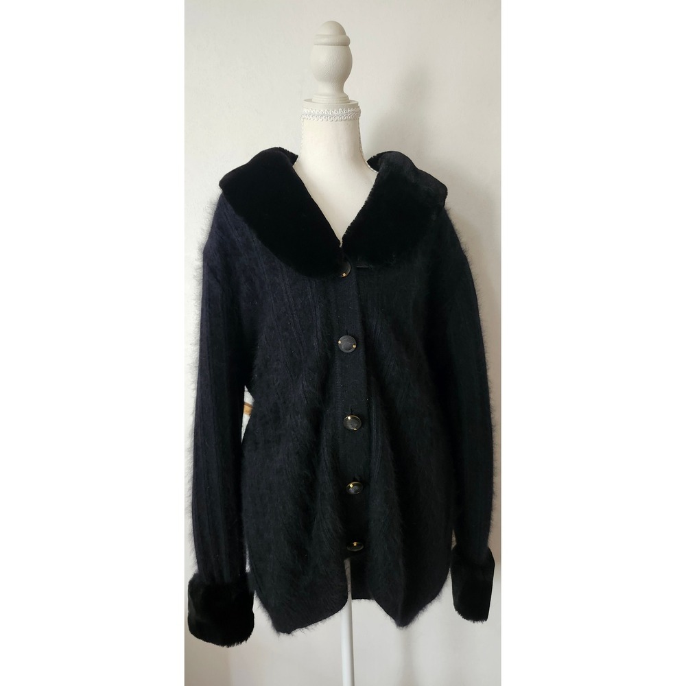 Vintage Imago Black Angora Lambswool Fuzzy Knit Cardigan Faux Fur Trim Jacket XL